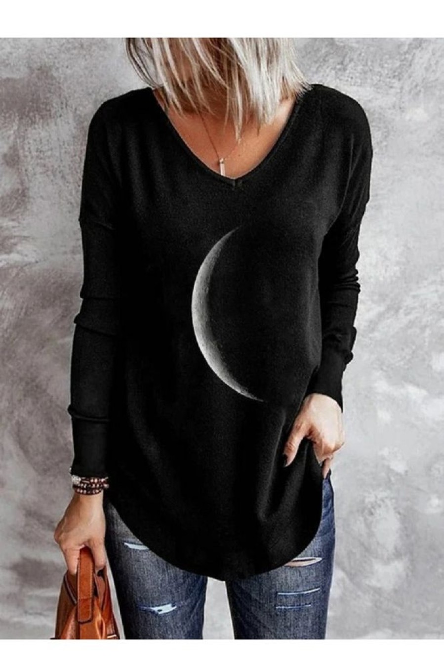 Clothing Azzlee Sweatshirt & Hoodies | Casual Graphic Tops V Neck Moon Printed Long Sleeve Blouse Black