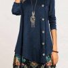 Clothing Azzlee Mini Dresses | Casual Crew Neck Long Sleeve Loose Fit Floral Button Mini Dress Dark Blue