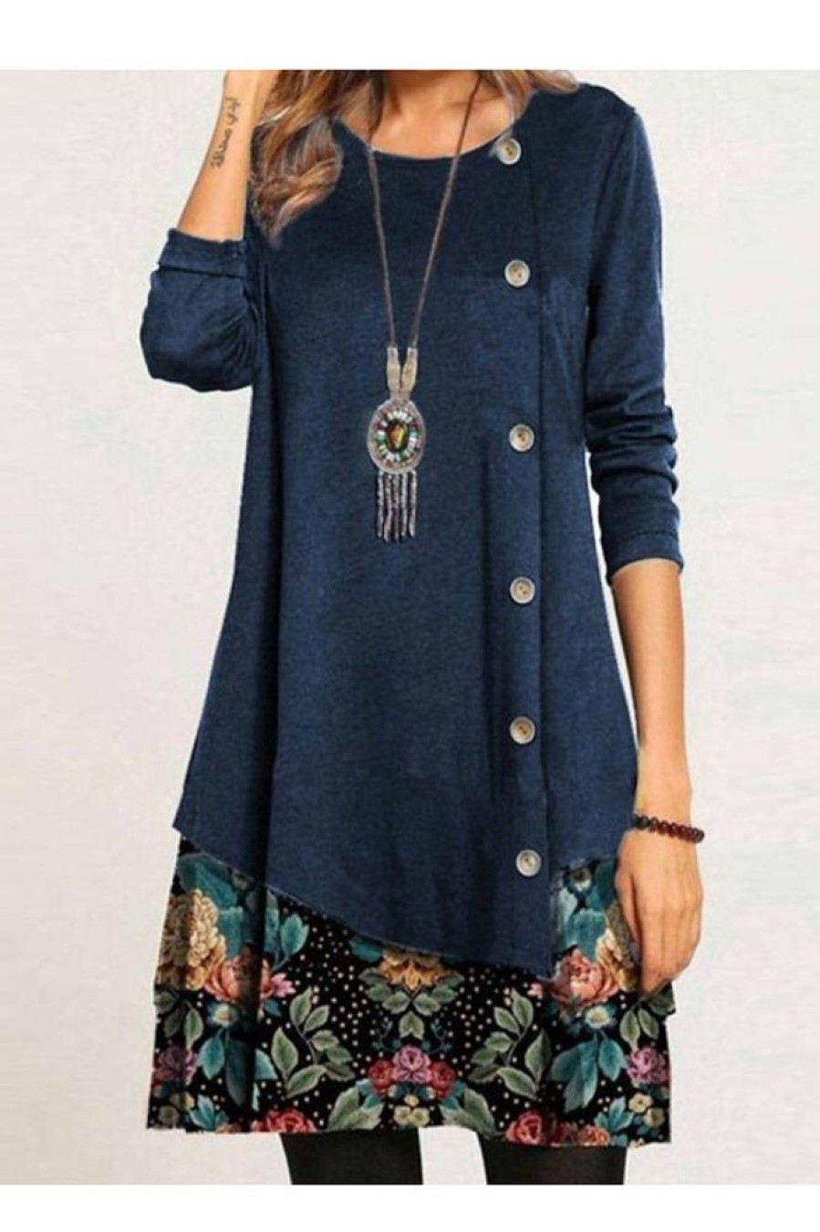 Clothing Azzlee Mini Dresses | Casual Crew Neck Long Sleeve Loose Fit Floral Button Mini Dress Dark Blue