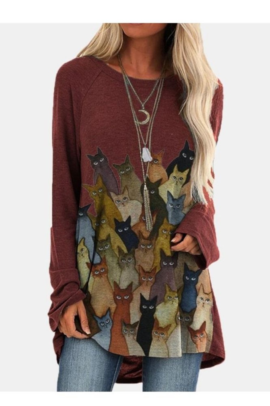 Clothing Azzlee T-Shirts | Cat Print Casual O-Neck Long Sleeve T-Shirt