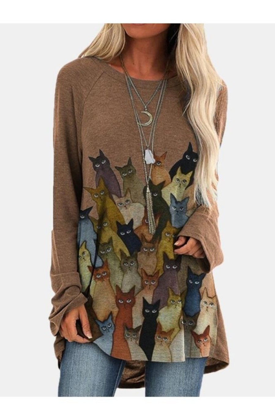 Clothing Azzlee T-Shirts | Cat Print Casual O-Neck Long Sleeve T-Shirt