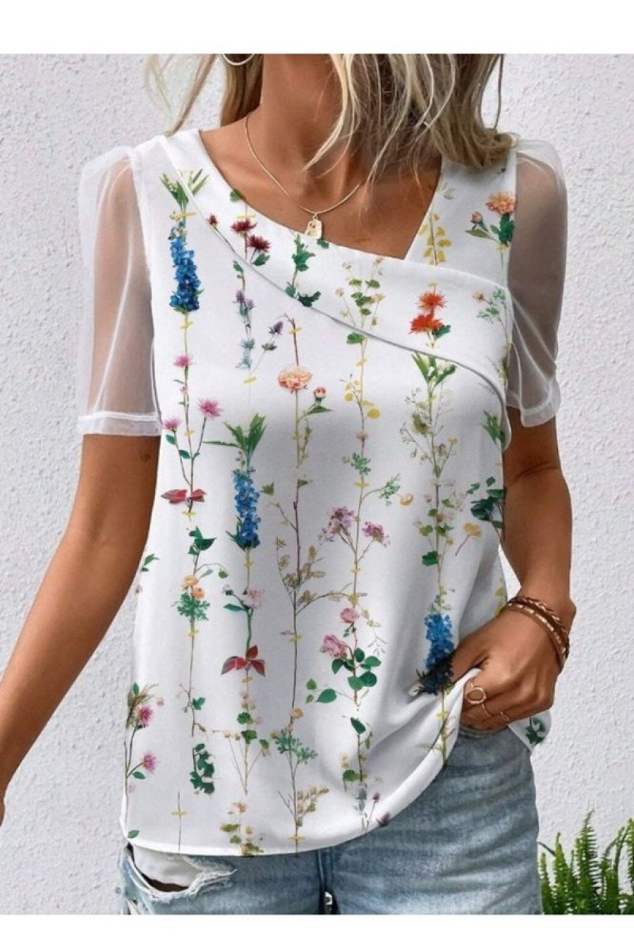 Clothing Azzlee Blouse & Shirts | Casual V Neck Floral Printed Short Sleeve Blouse Multicolor