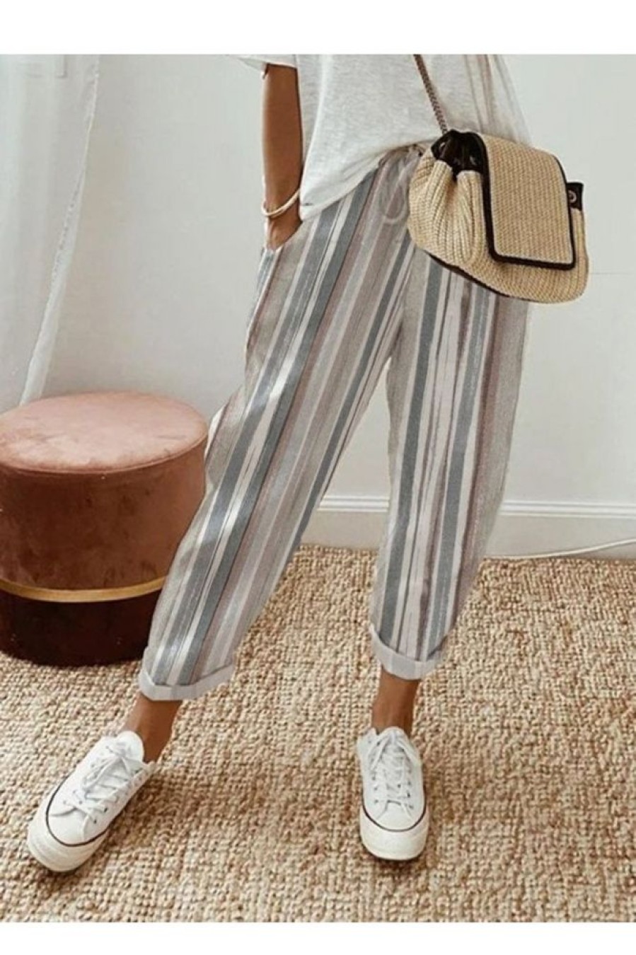 Clothing Azzlee Pants | Casual Stripe Printed Daily Pants Khaki