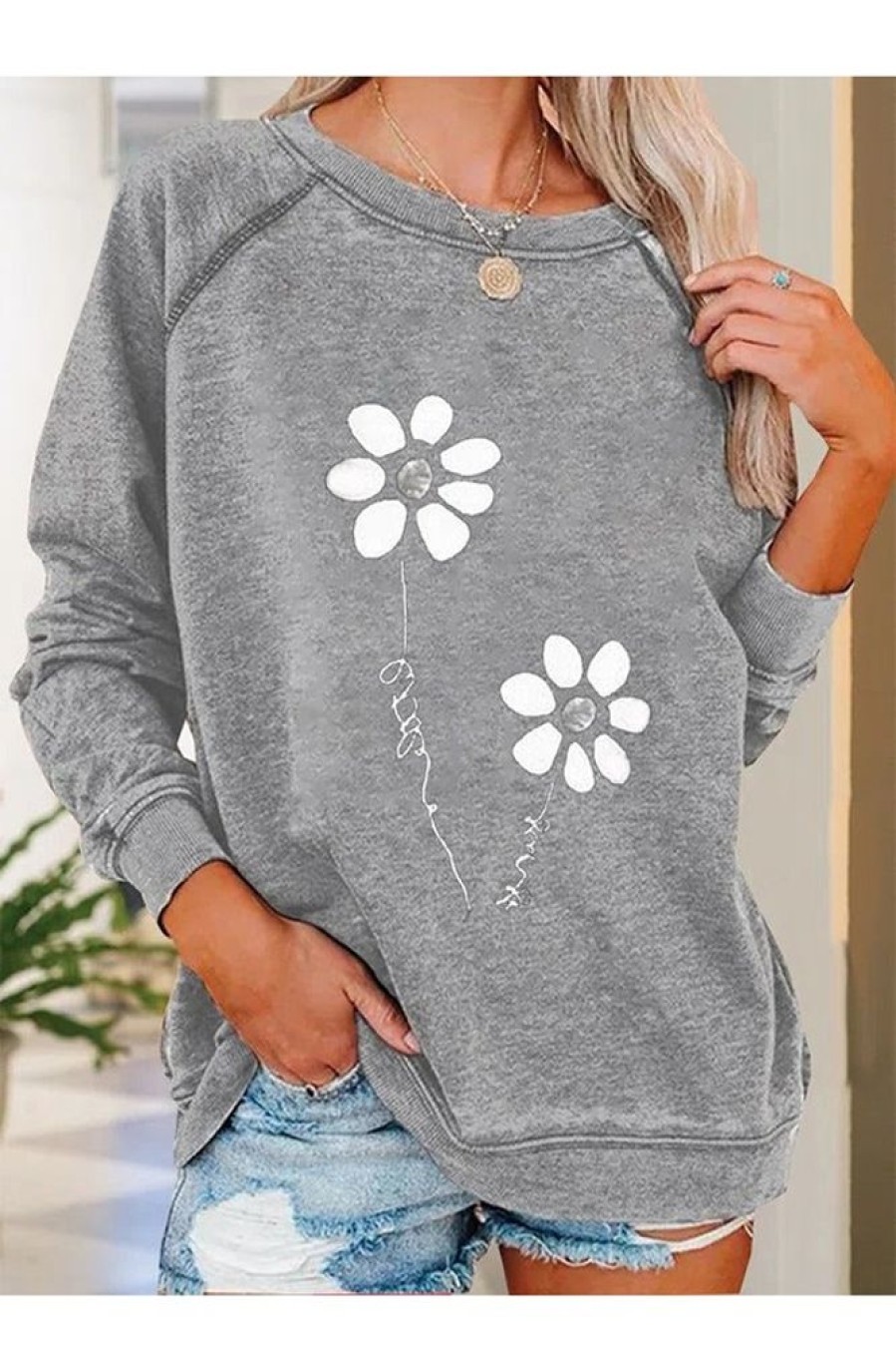 Clothing Azzlee Sweatshirt & Hoodies | Casual Graphic Tops Round Neck Long Sleeve Floral Printed Sweatshirts Gray