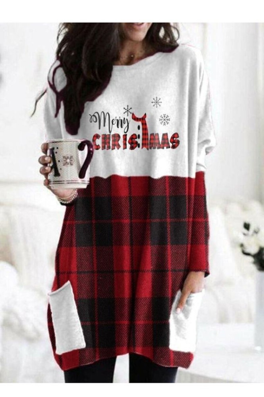 Clothing Azzlee Sweatshirt & Hoodies | Plaid Casual Graphic Tops Round Neck Long Sleeve Merry Christmas Printed With Pockets Tops Red