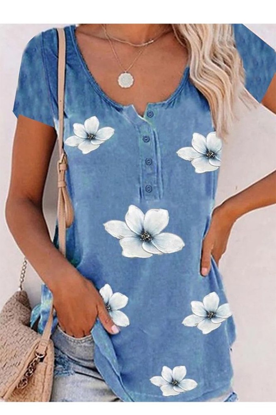 Clothing Azzlee Blouse & Shirts | Casual Graphic Tops Round Neck Short Sleeve Floral Printed Blouse Flower