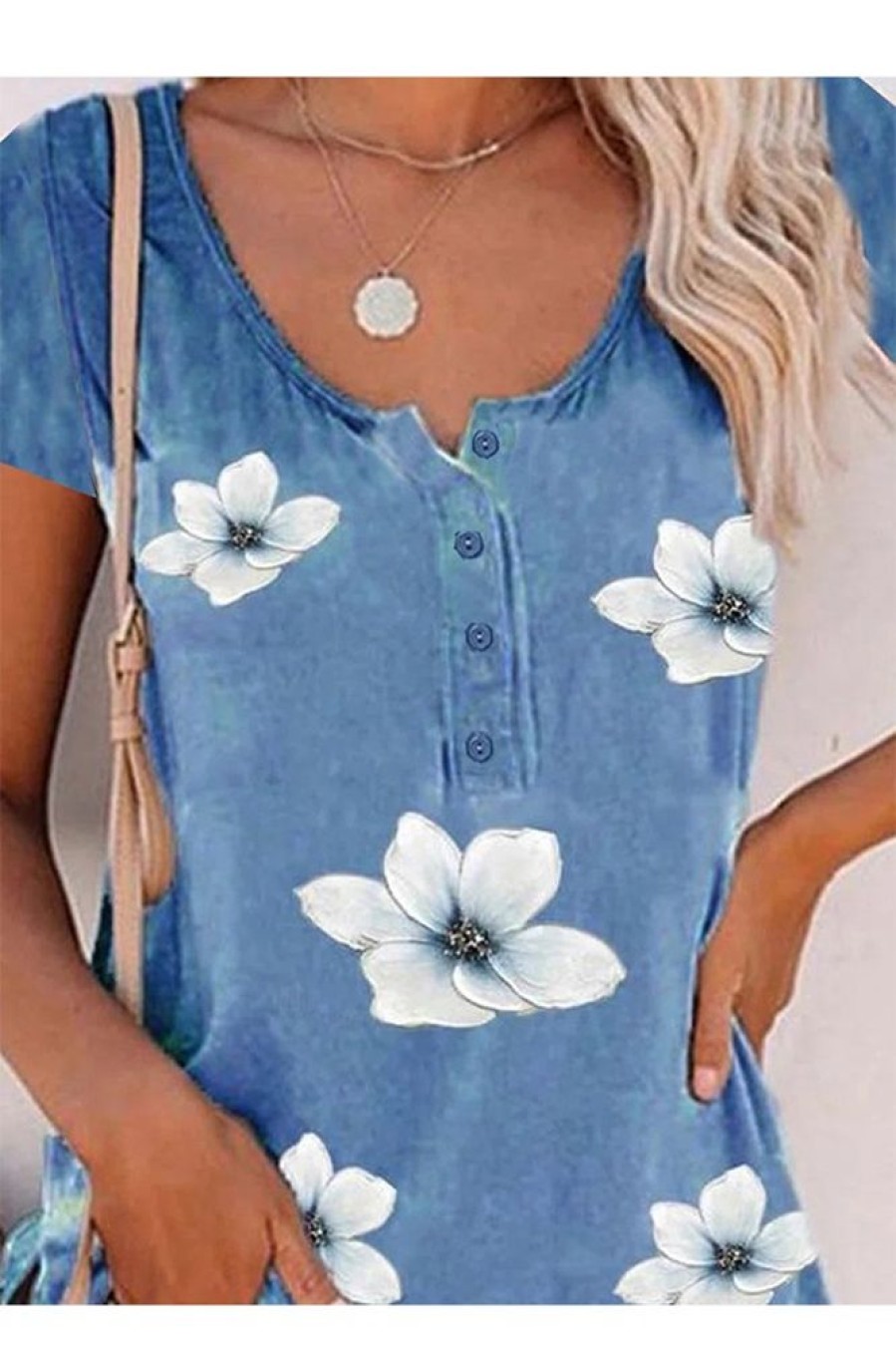 Clothing Azzlee Blouse & Shirts | Casual Graphic Tops Round Neck Short Sleeve Floral Printed Blouse Flower