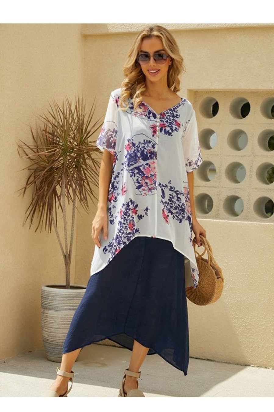 Clothing Azzlee Maxi Dresses | O-Neck Floral Print Casual Vintage Short Sleeve Maxi Dress