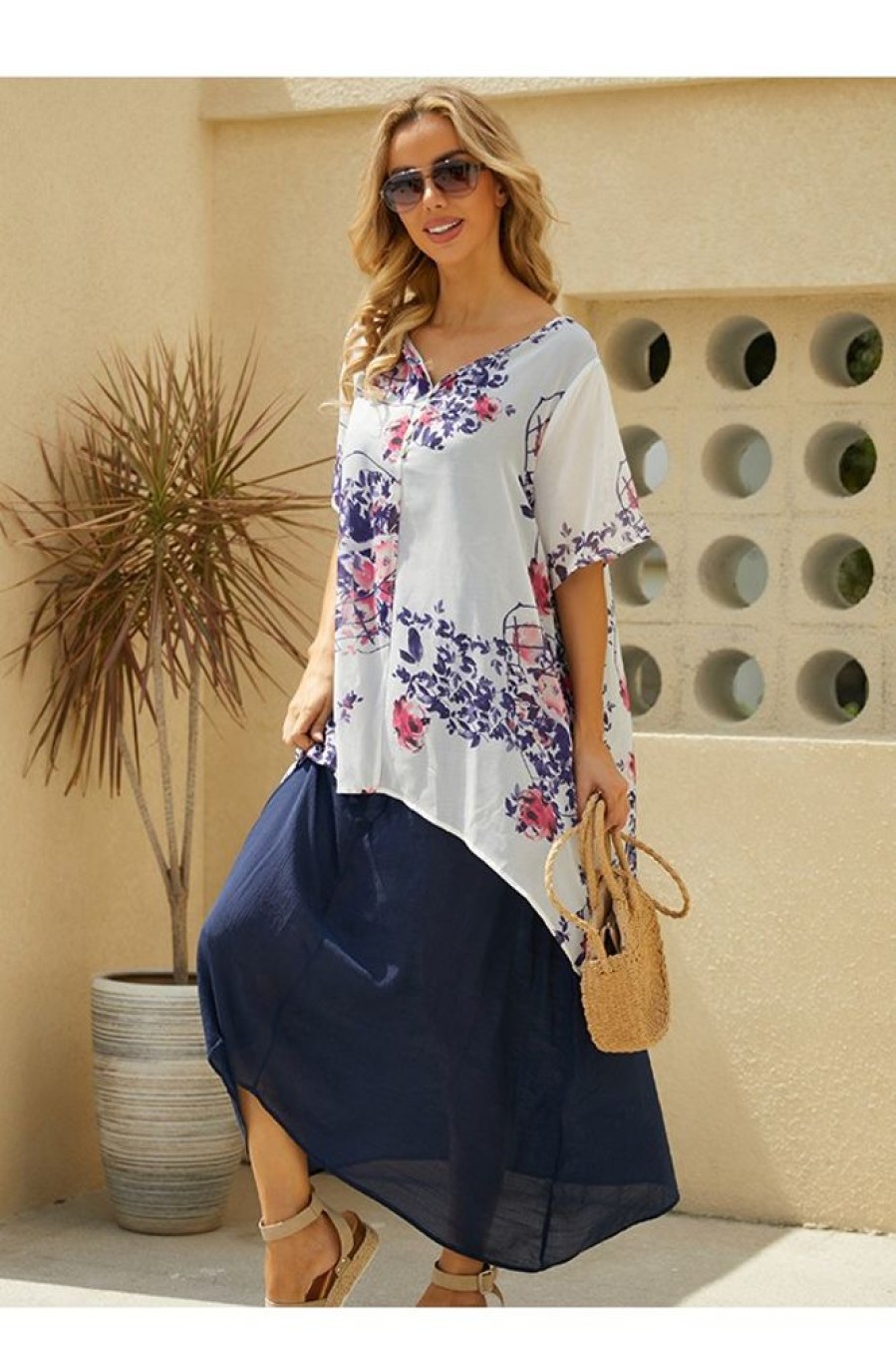 Clothing Azzlee Maxi Dresses | O-Neck Floral Print Casual Vintage Short Sleeve Maxi Dress