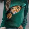 Clothing Azzlee Sweatshirt & Hoodies | Casual Graphic Tops Round Neck Long Sleeve Zipper Cat Printed Sweatshirts Green