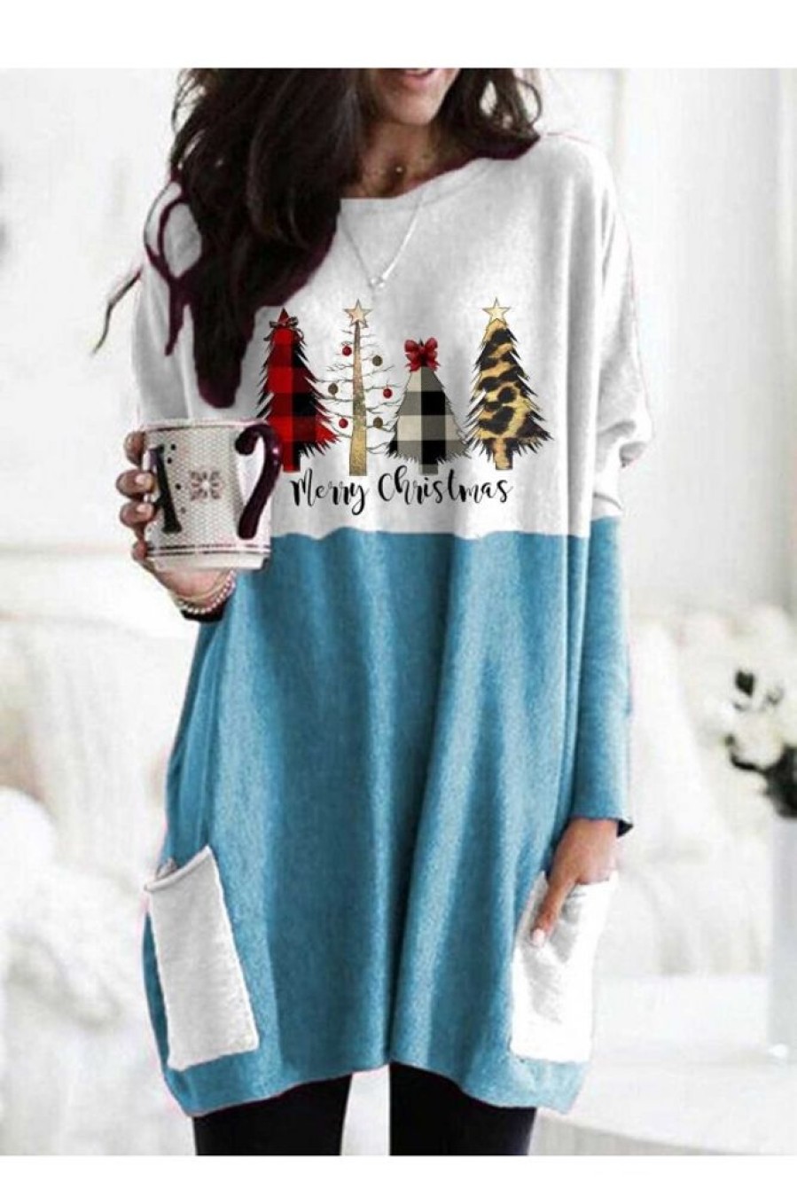 Clothing Azzlee Sweatshirt & Hoodies | Casual Graphic Tops Round Neck Christmas Tree Printed Long Sleeve Xmas Sweatshirts Blue