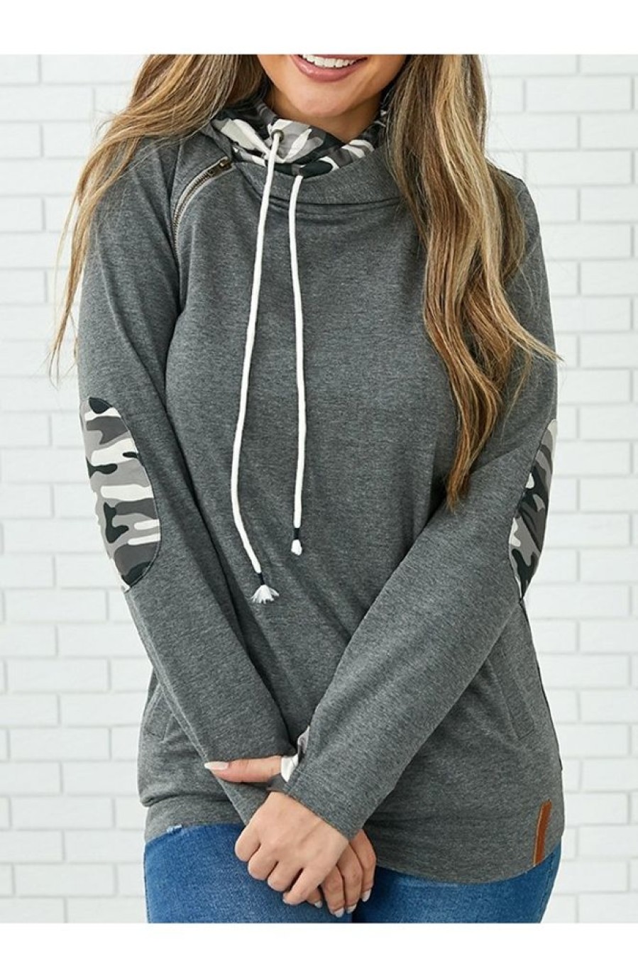 Clothing Azzlee Sweatshirt & Hoodies | Gray Elbow Patch Zipper Hoodie Sweatshirt Camo