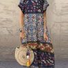 Clothing Azzlee Maxi Dresses | Casual Round Neck Short Sleeve Loose Floral Maxi Dress Blue