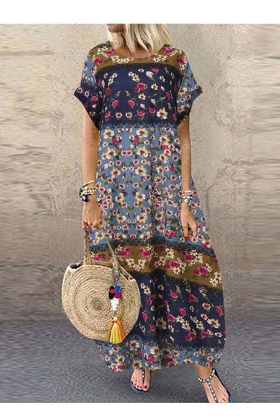 Clothing Azzlee Maxi Dresses | Casual Round Neck Short Sleeve Loose Floral Maxi Dress Blue