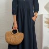 Clothing Azzlee Midi Dresses | Casual Solid 3/4 Sleeve High Waist Loose Midi Dress Dark Blue