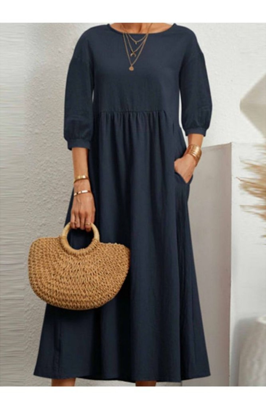 Clothing Azzlee Midi Dresses | Casual Solid 3/4 Sleeve High Waist Loose Midi Dress Dark Blue