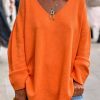 Clothing Azzlee Sweater & Cardigans | Casual Regular Fit V-Neck Long Sleeve Sweater Orange