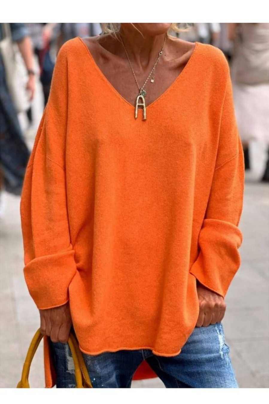 Clothing Azzlee Sweater & Cardigans | Casual Regular Fit V-Neck Long Sleeve Sweater Orange