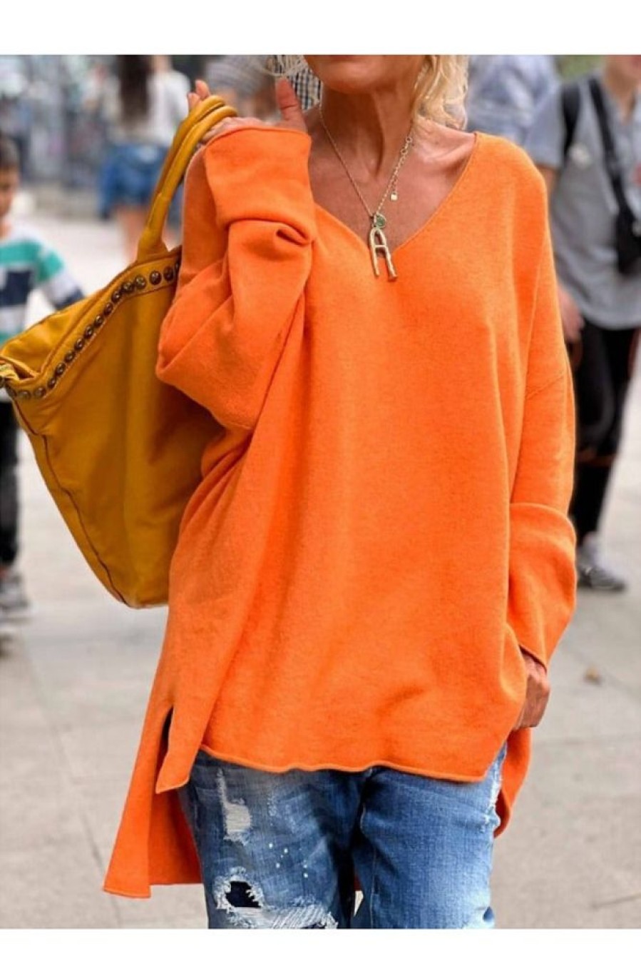 Clothing Azzlee Sweater & Cardigans | Casual Regular Fit V-Neck Long Sleeve Sweater Orange