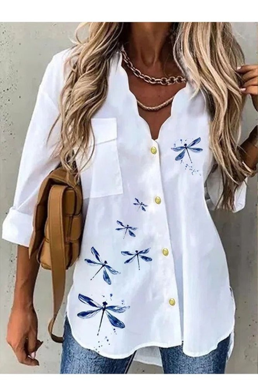 Clothing Azzlee Sweatshirt & Hoodies | Casual Graphic Tops Dragonfly Printed Long Sleeve Blouse White