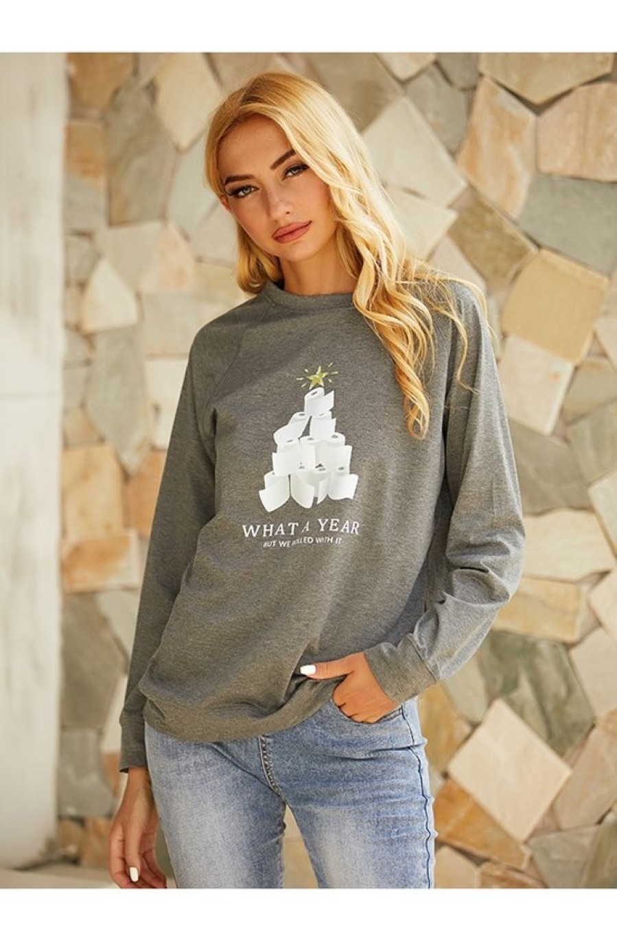 Clothing Azzlee Sweatshirt & Hoodies | Christmas Tree Print Casual Round Neck Long Sleeve Sweatshirt Gray