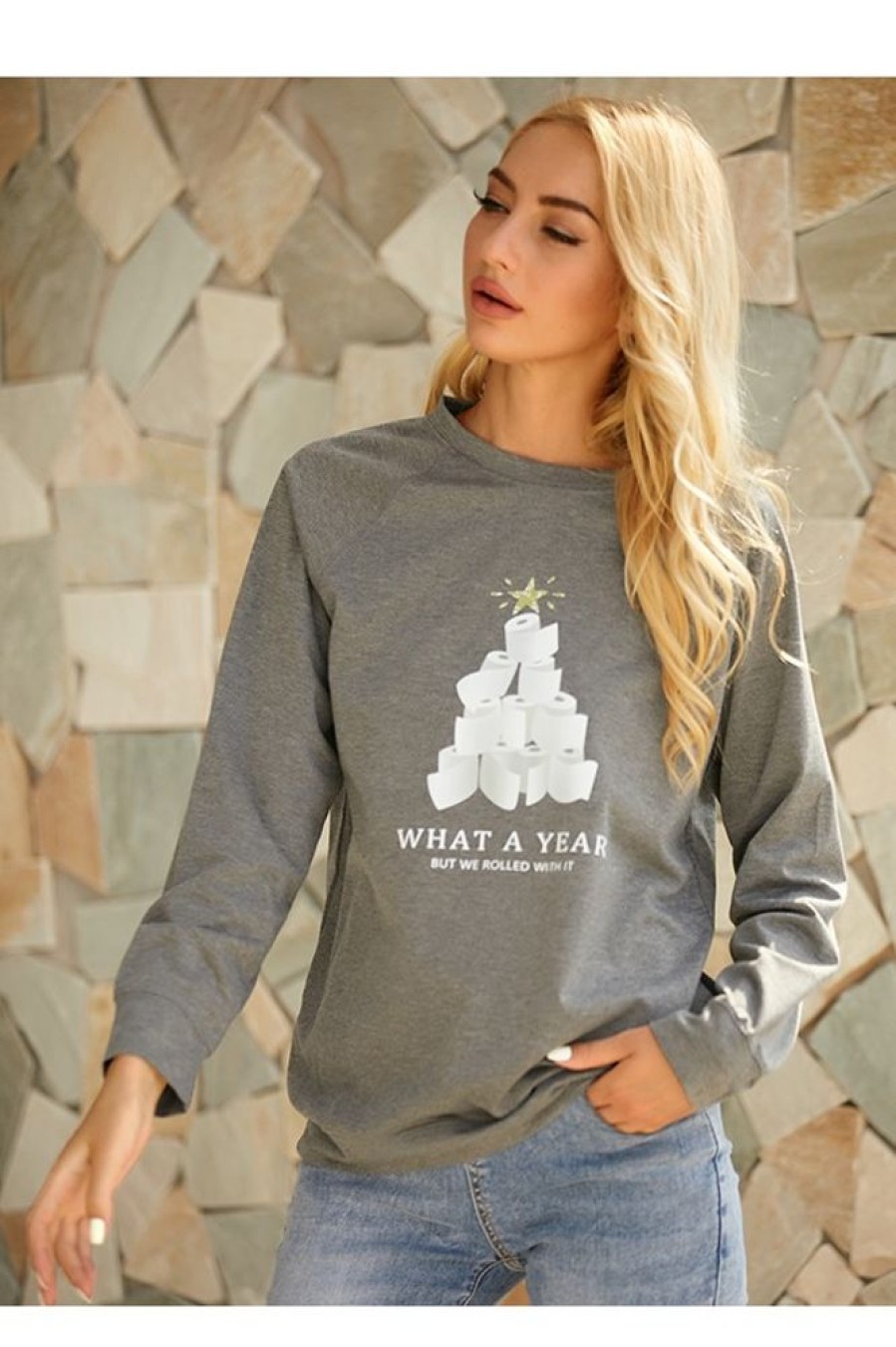 Clothing Azzlee Sweatshirt & Hoodies | Christmas Tree Print Casual Round Neck Long Sleeve Sweatshirt Gray