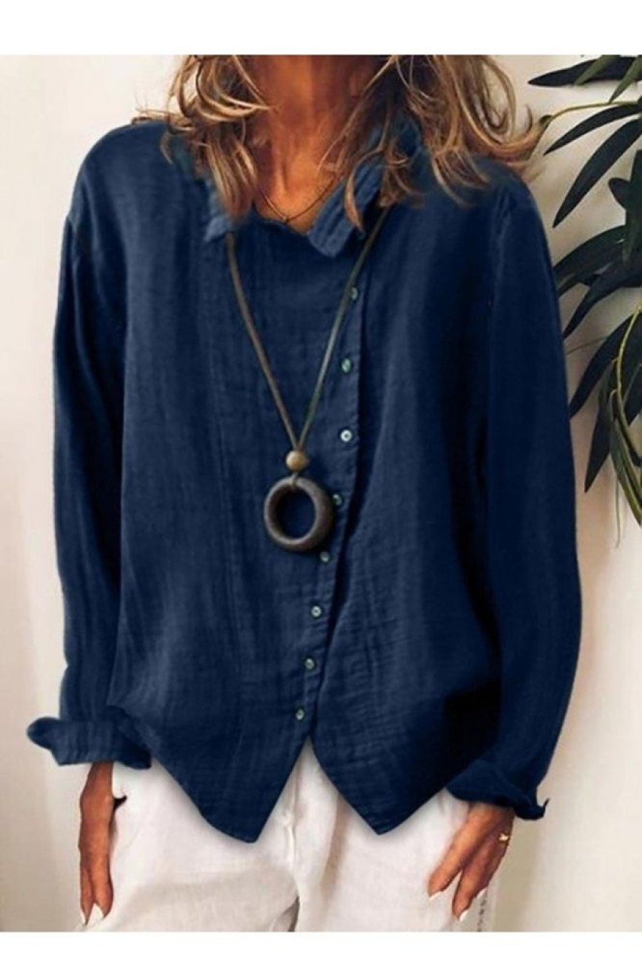 Clothing Azzlee Blouse & Shirts | Button Lapel Long Sleeve Casual Shirt For Women Blue