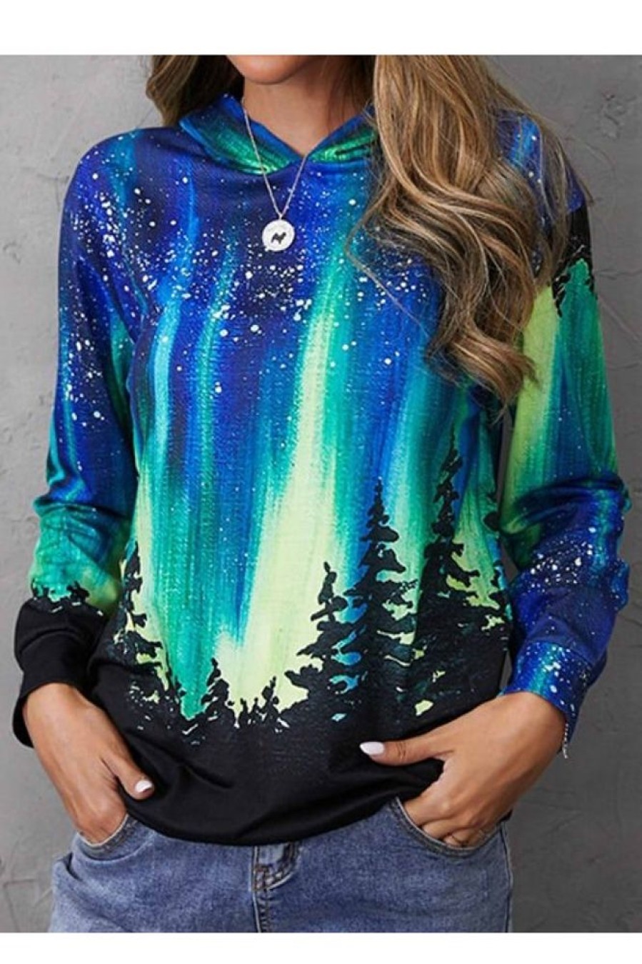 Clothing Azzlee Sweatshirt & Hoodies | Casual Long Sleeve Pullover Landscape Printed Hoodie Blue