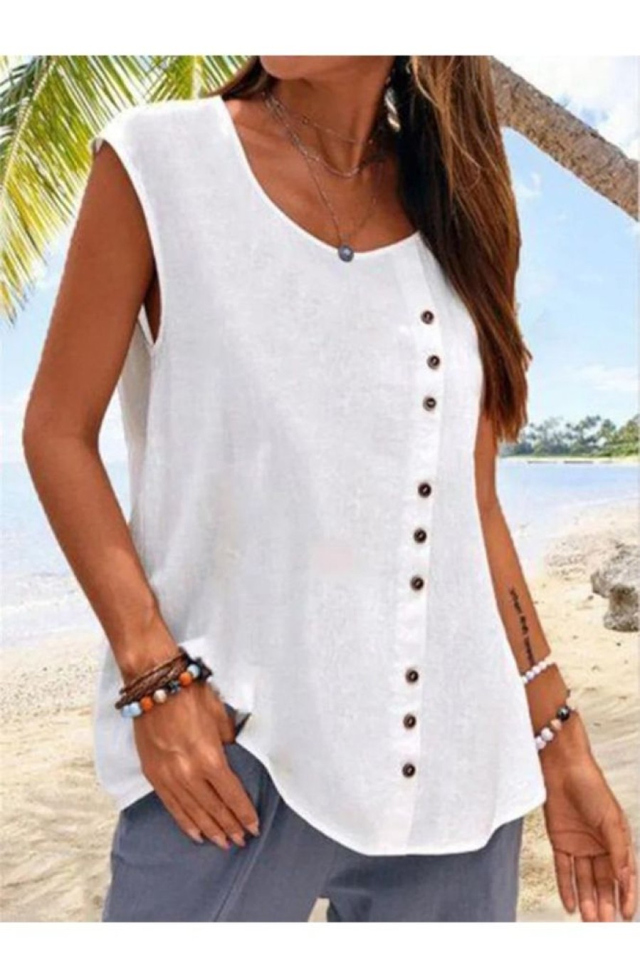 Clothing Azzlee Blouse & Shirts | Casual Round Neck Soild Sleeveless Blouse White