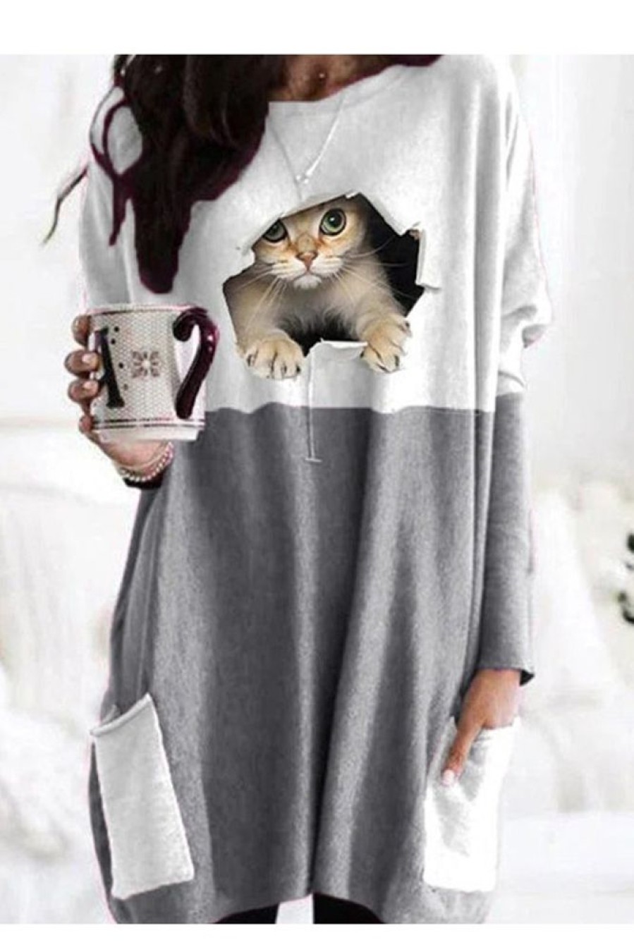 Clothing Azzlee Sweatshirt & Hoodies | Casual Graphic Tops Round Neck Long Sleeve Cat Printed With Pockets Sweatshirts Gray