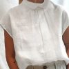 Clothing Azzlee Blouse & Shirts | Casual Stand-Up Collar Solid Short Sleeve Blouse White