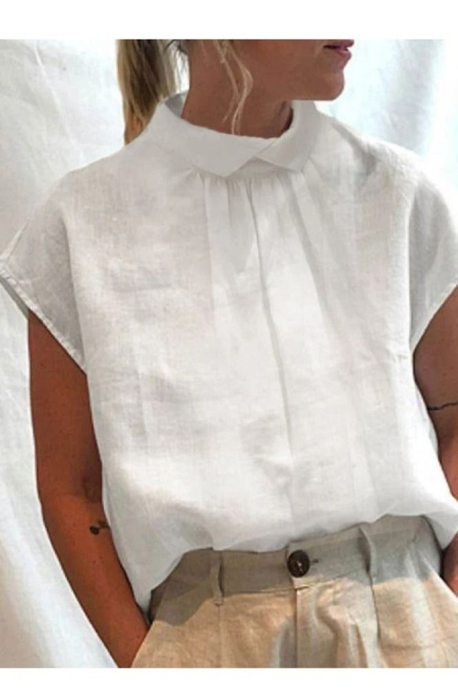 Clothing Azzlee Blouse & Shirts | Casual Stand-Up Collar Solid Short Sleeve Blouse White