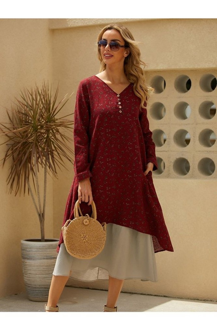 Clothing Azzlee Maxi Dresses | Vintage Round Neck Floral Printed Long Sleeve Maxi Dress