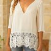 Clothing Azzlee Blouse & Shirts | V-Neck Solid Lace Up Casual 3/4 Sleeve Plus Size Blouse White