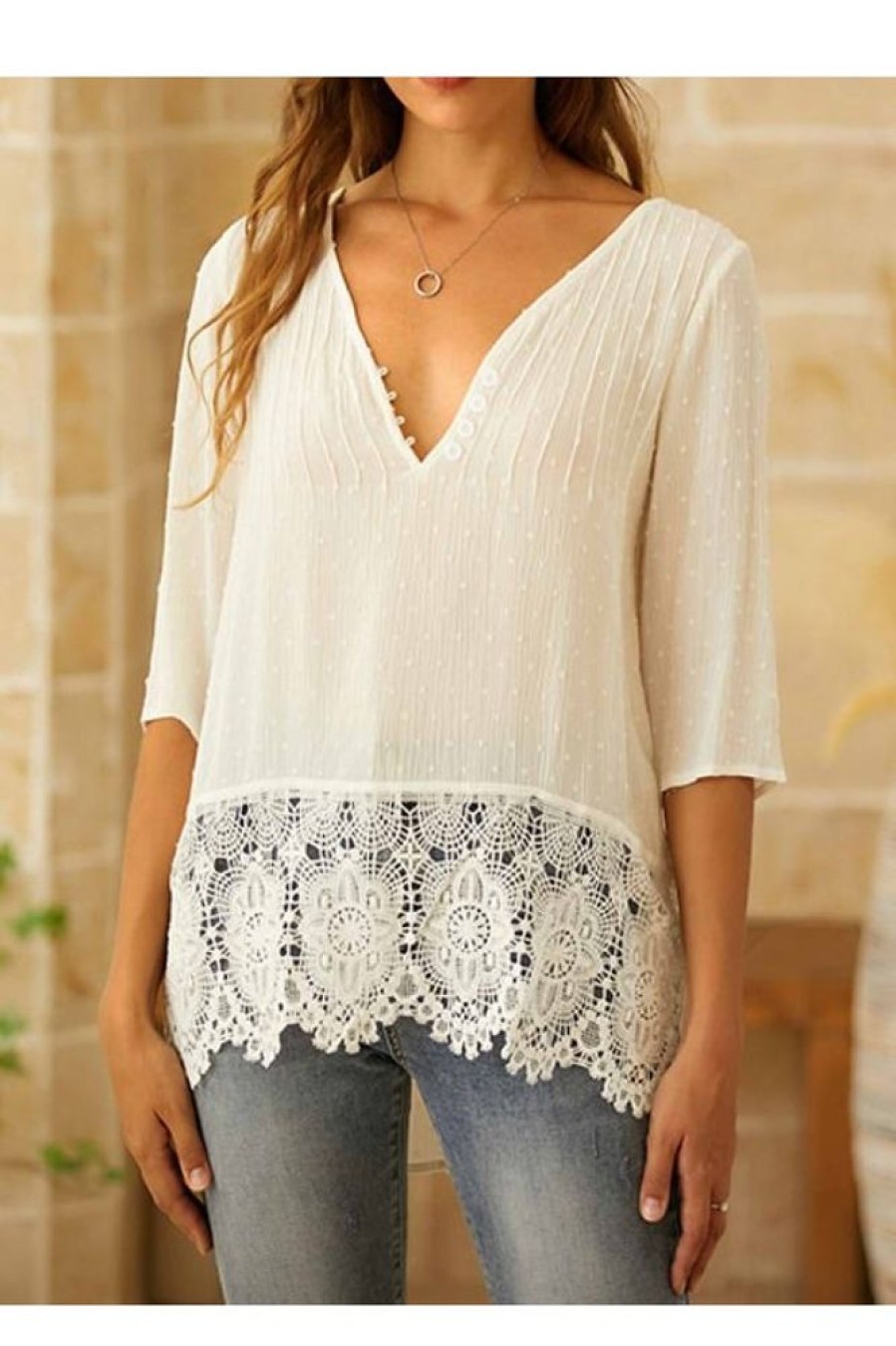 Clothing Azzlee Blouse & Shirts | V-Neck Solid Lace Up Casual 3/4 Sleeve Plus Size Blouse White