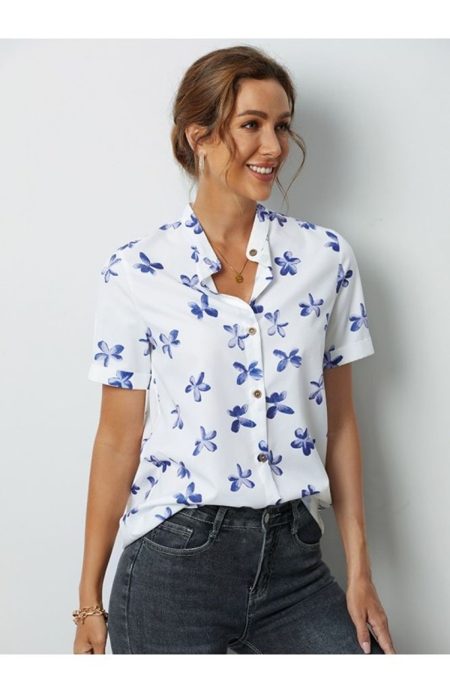 Clothing Azzlee Blouse & Shirts | Floral Buttons Collared Short Sleeve Blouse White