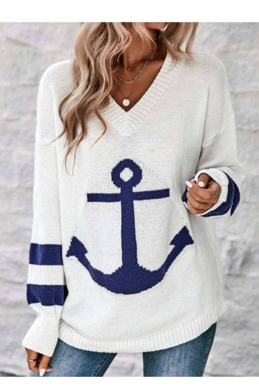 Clothing Azzlee Sweater & Cardigans | Comfy Print Long Sleeve V-Neck Sweater White