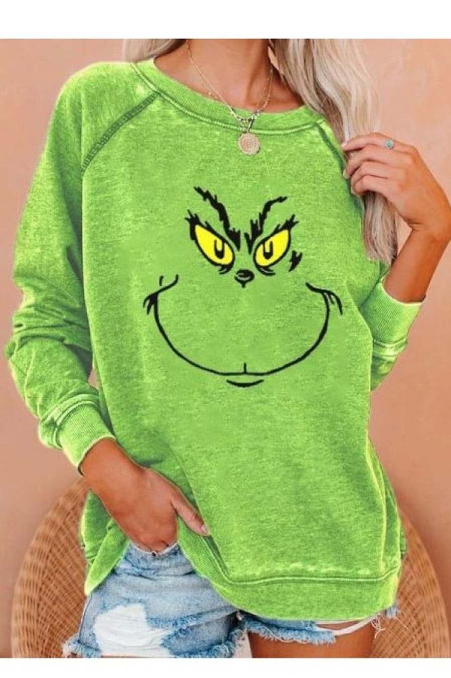 Clothing Azzlee Sweatshirt & Hoodies | Casual Graphic Tops Round Neck Long Sleeve Grinch Printed Sweatshirts Green