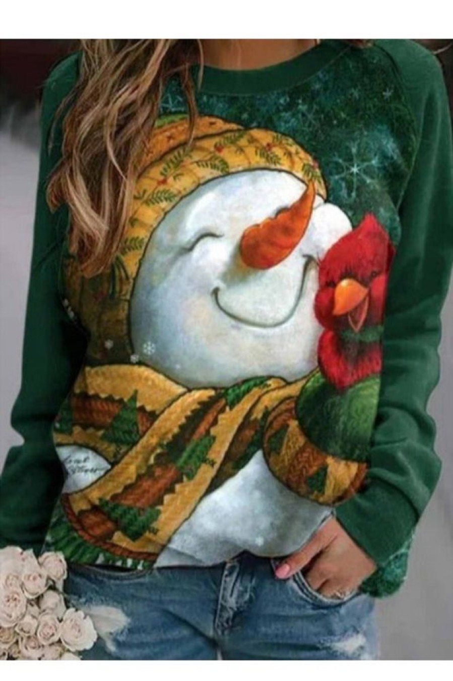 Clothing Azzlee Sweatshirt & Hoodies | Christmas Snowman Print Round Neck Long Sleeve Sweatshirt Green