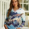 Clothing Azzlee T-Shirts | Landscape Print Casual V-Neck Long Sleeve T-Shirt Multi