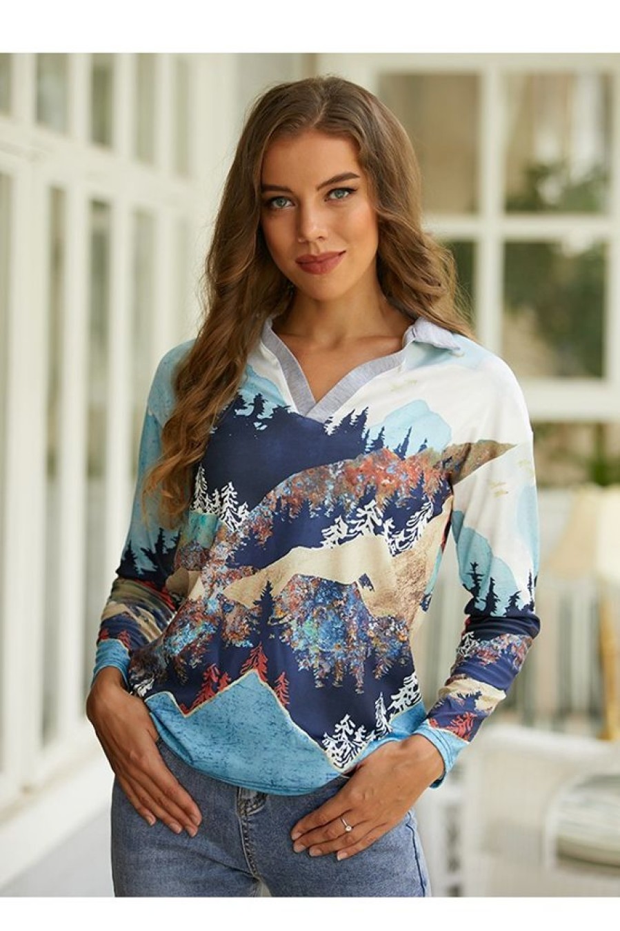 Clothing Azzlee T-Shirts | Landscape Print Casual V-Neck Long Sleeve T-Shirt Multi