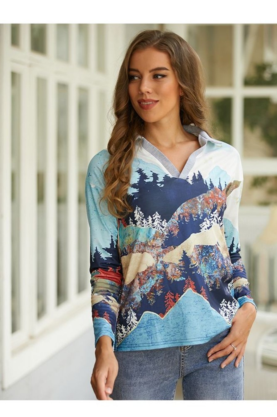 Clothing Azzlee T-Shirts | Landscape Print Casual V-Neck Long Sleeve T-Shirt Multi