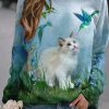 Clothing Azzlee Sweatshirt & Hoodies | Casual Graphic Tops Round Neck Long Sleeve Cat Scenery Printed Sweatshirts Blue