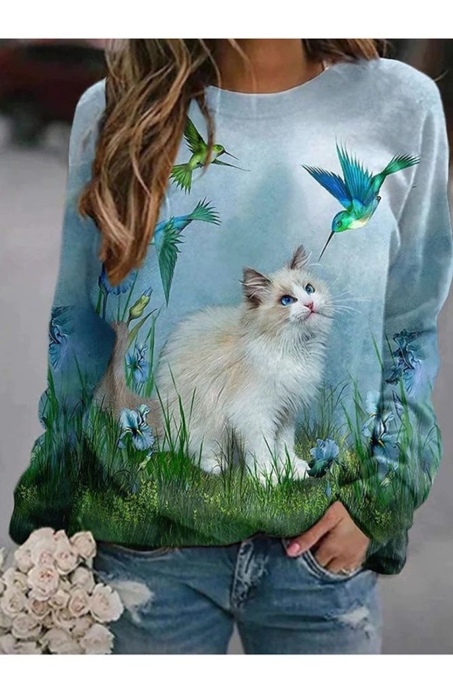 Clothing Azzlee Sweatshirt & Hoodies | Casual Graphic Tops Round Neck Long Sleeve Cat Scenery Printed Sweatshirts Blue