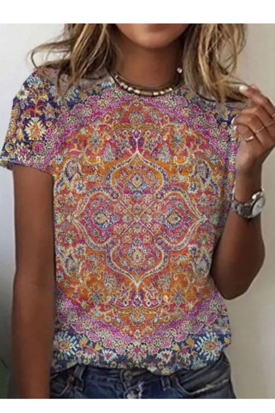 Clothing Azzlee Blouse & Shirts | Casual Round Neck Floral Printed Short Sleeve Blouse Multicolor