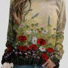 Clothing Azzlee Sweatshirt & Hoodies | Casual Graphic Tops Round Neck Long Sleeve Floral Printed Sweatshirts Red