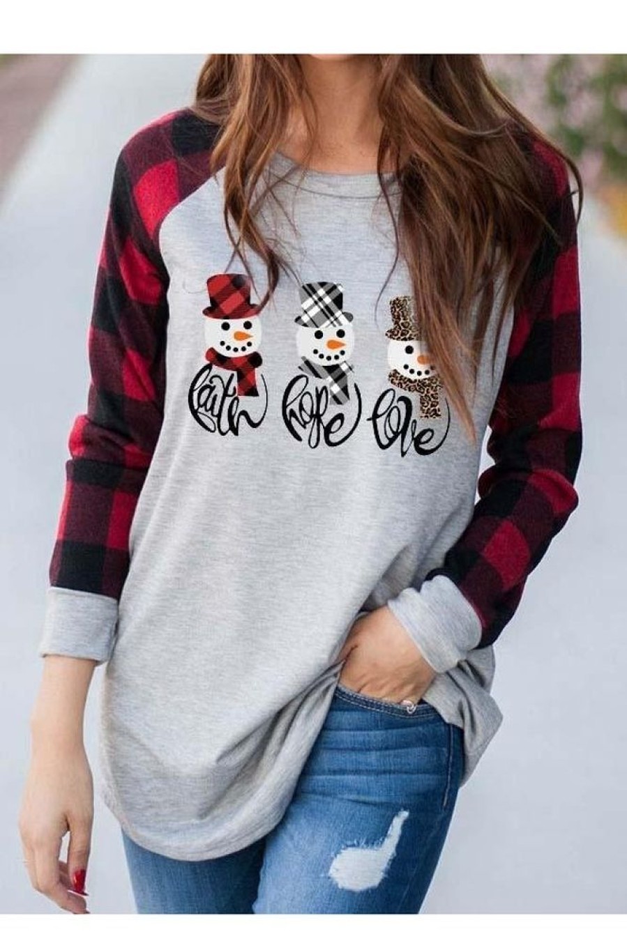 Clothing Azzlee Sweatshirt & Hoodies | Casual Graphic Tops Crew Neck Long Sleeve Snowman Printed Sweatshirts For Christmas