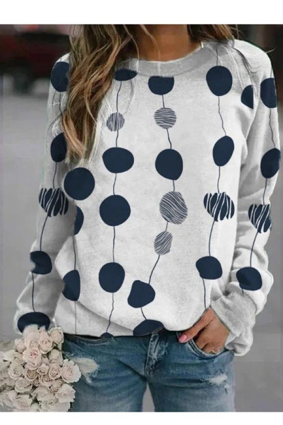 Clothing Azzlee Sweatshirt & Hoodies | Casual Graphic Tops Round Neck Polka Dots Printed Long Sleeve Sweatshirts Blue