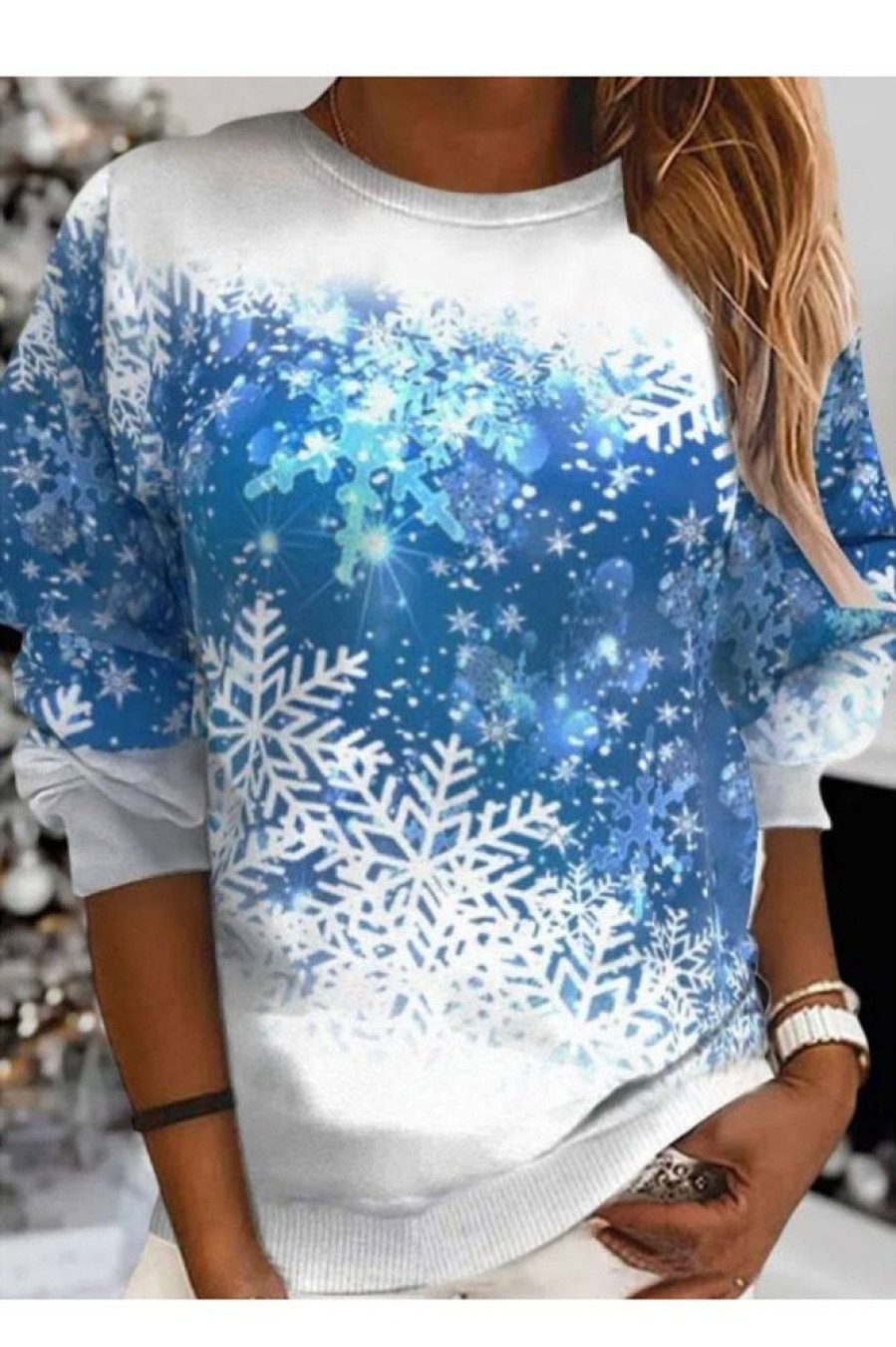 Clothing Azzlee Sweatshirt & Hoodies | Christmas Snowflake Print Crew Neck Long Sleeve Sweatshirt Blue