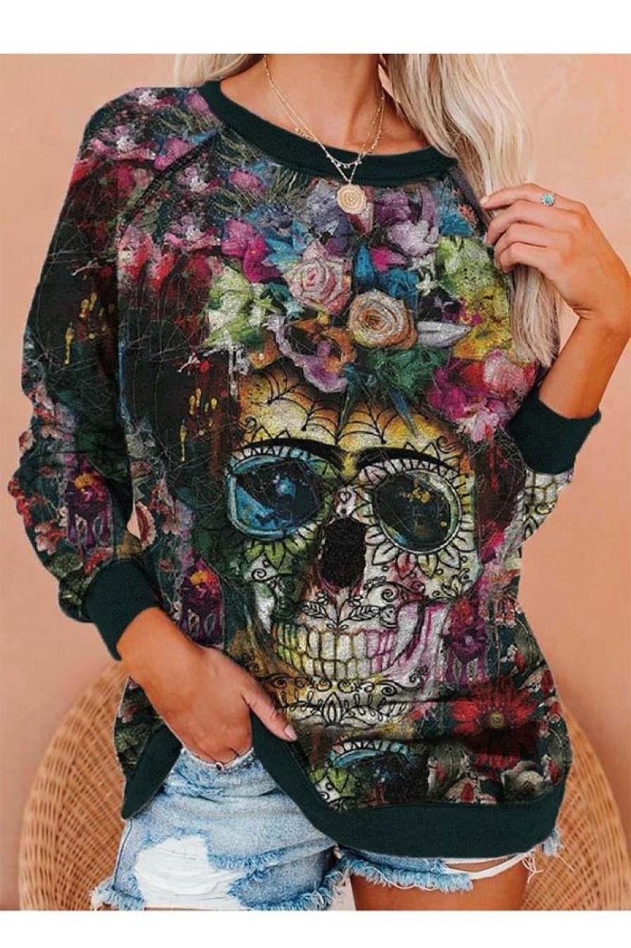 Clothing Azzlee Sweatshirt & Hoodies | Casual Graphic Tops Round Neck Long Sleeve Skull Printed Halloween Sweatshirts Multi